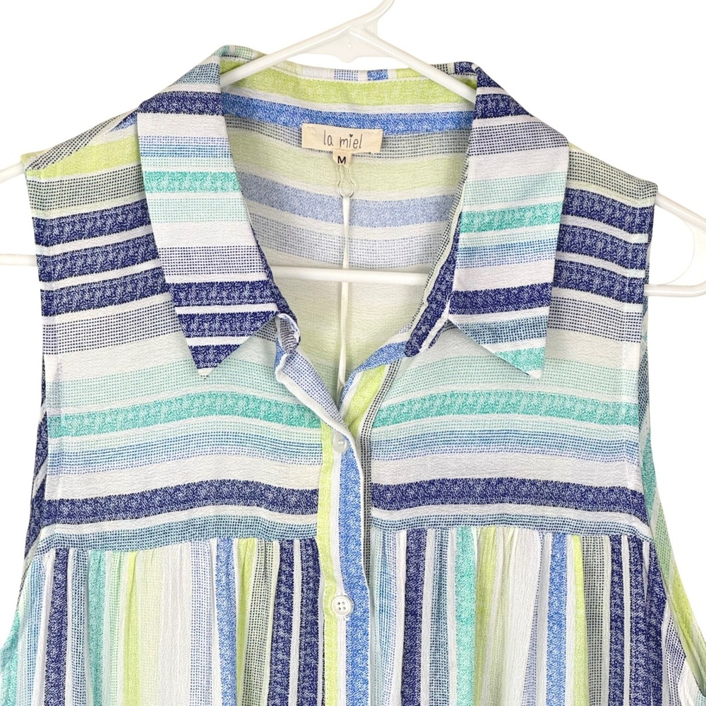 Striped Colorful‎ Sleeveless Babydoll Button Down Top Lightweight Beachy NWT - Picture 2 of 9